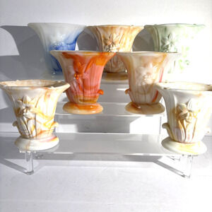 Vintage Akro Agate Slag Marble Glass Lily Vases Various Colors 1930's Lot Of 7